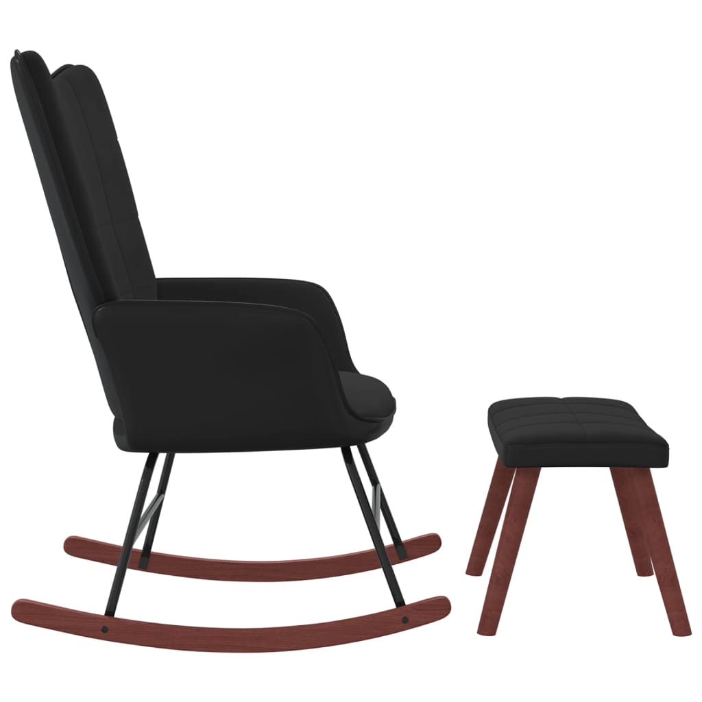 šūpuļkrēsls ar kāju balstu, melns, samts un PVC