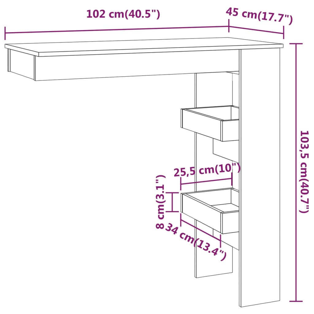 sienas bāra galds, ozolkoka, 102x45x103,5 cm, inženierijas koks