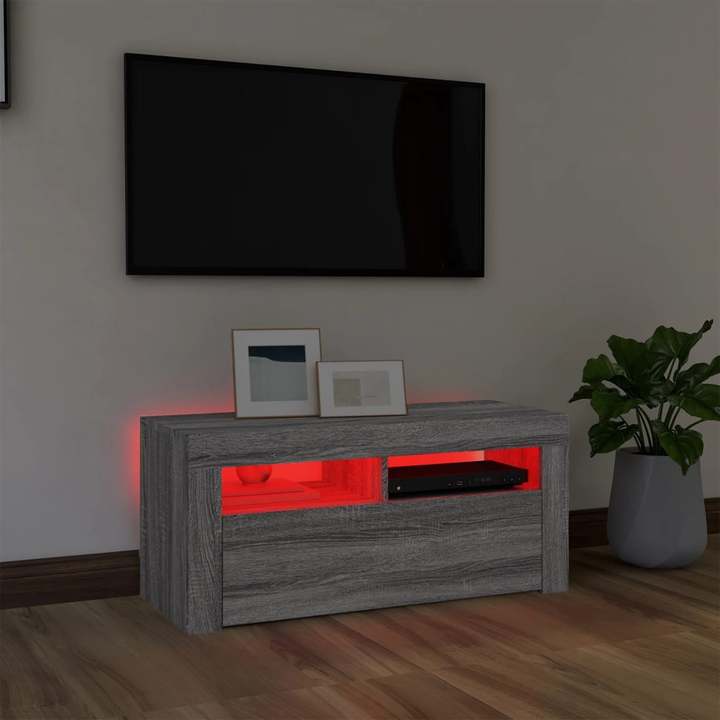 TV skapītis ar LED lampiņām, pelēka ozolkoka krāsa, 90x35x40 cm