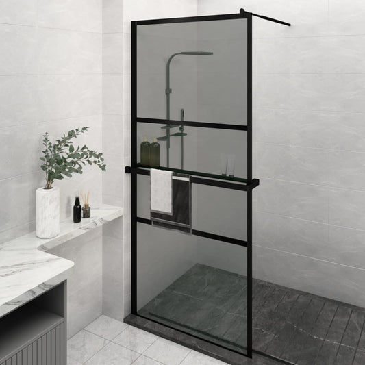 dušas siena ar plauktu, melna, 100x195cm, ESG stikls, alumīnijs