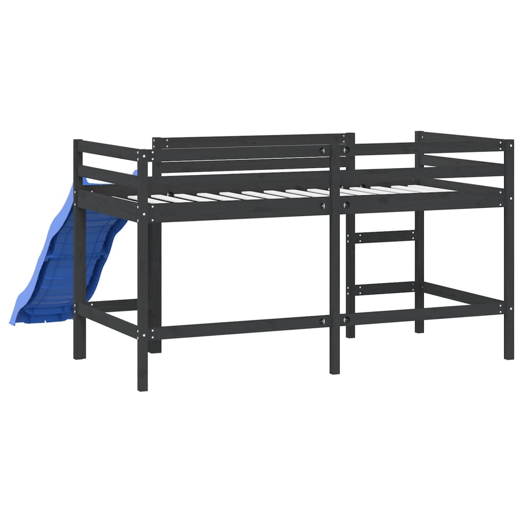bērnu gulta ar slidkalniņu, melna, 80x200 cm, priedes masīvkoks