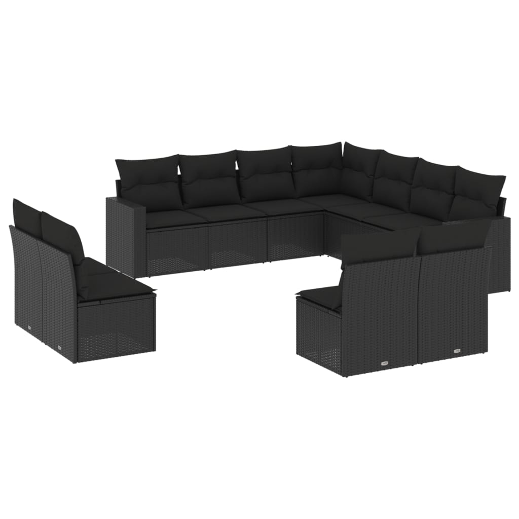 11-daļīgs dārza dīvāna komplekts, matrači, melna PE rotangpalma
