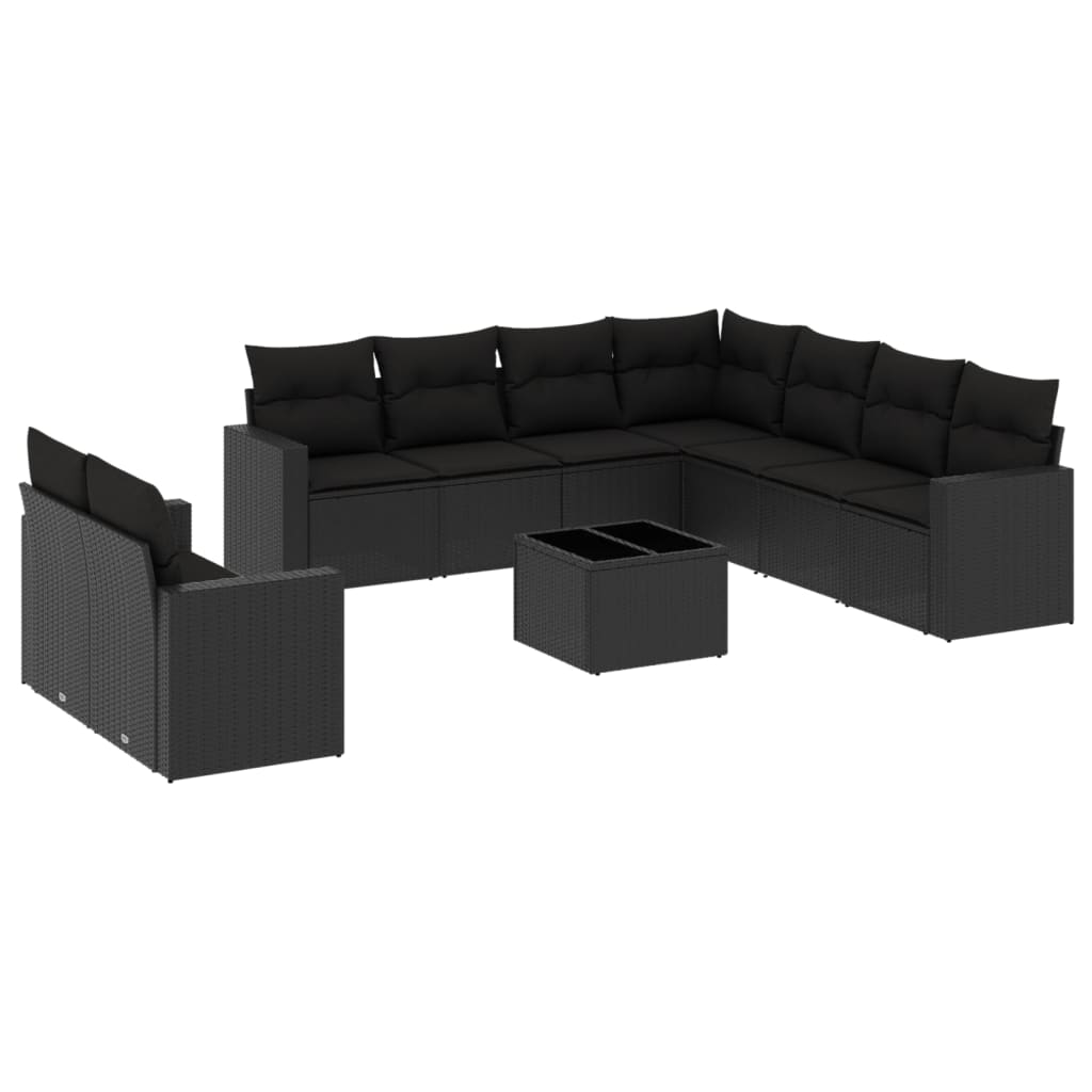 10-daļīgs dārza dīvāna komplekts, matrači, melna PE rotangpalma