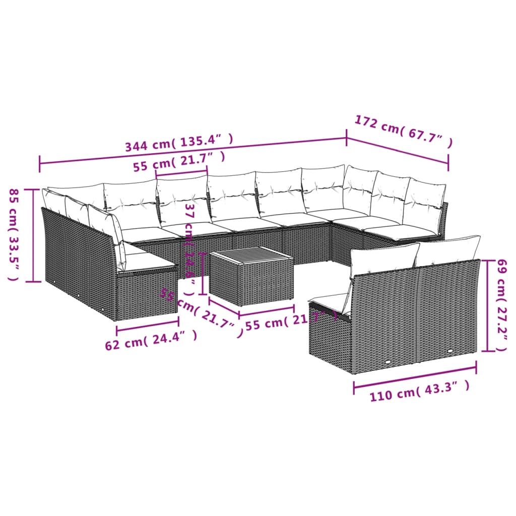 13-daļīgs dārza dīvānu komplekts ar matračiem, pelēks PE