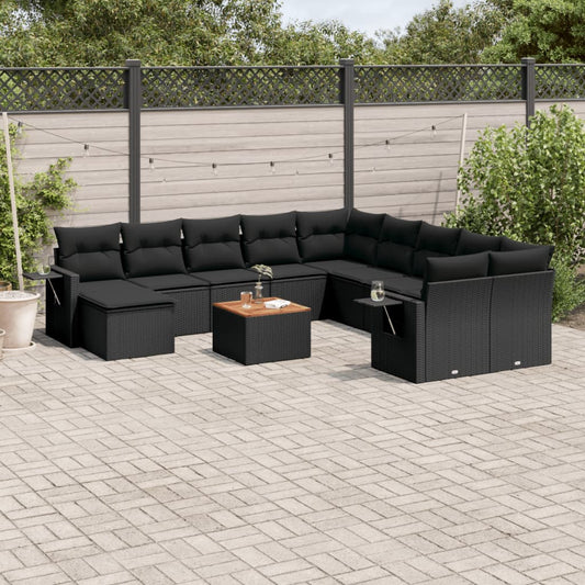 vidaXL 14-daļīgs dārza dīvāna komplekts, matrači, melna PE rotangpalma