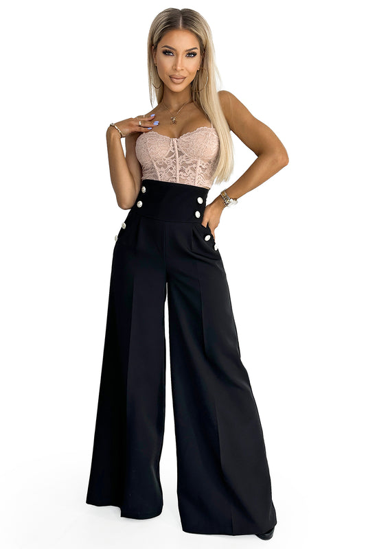 18341-7-496-1 Elegant wide pants with high waist and golden buttons - black-7