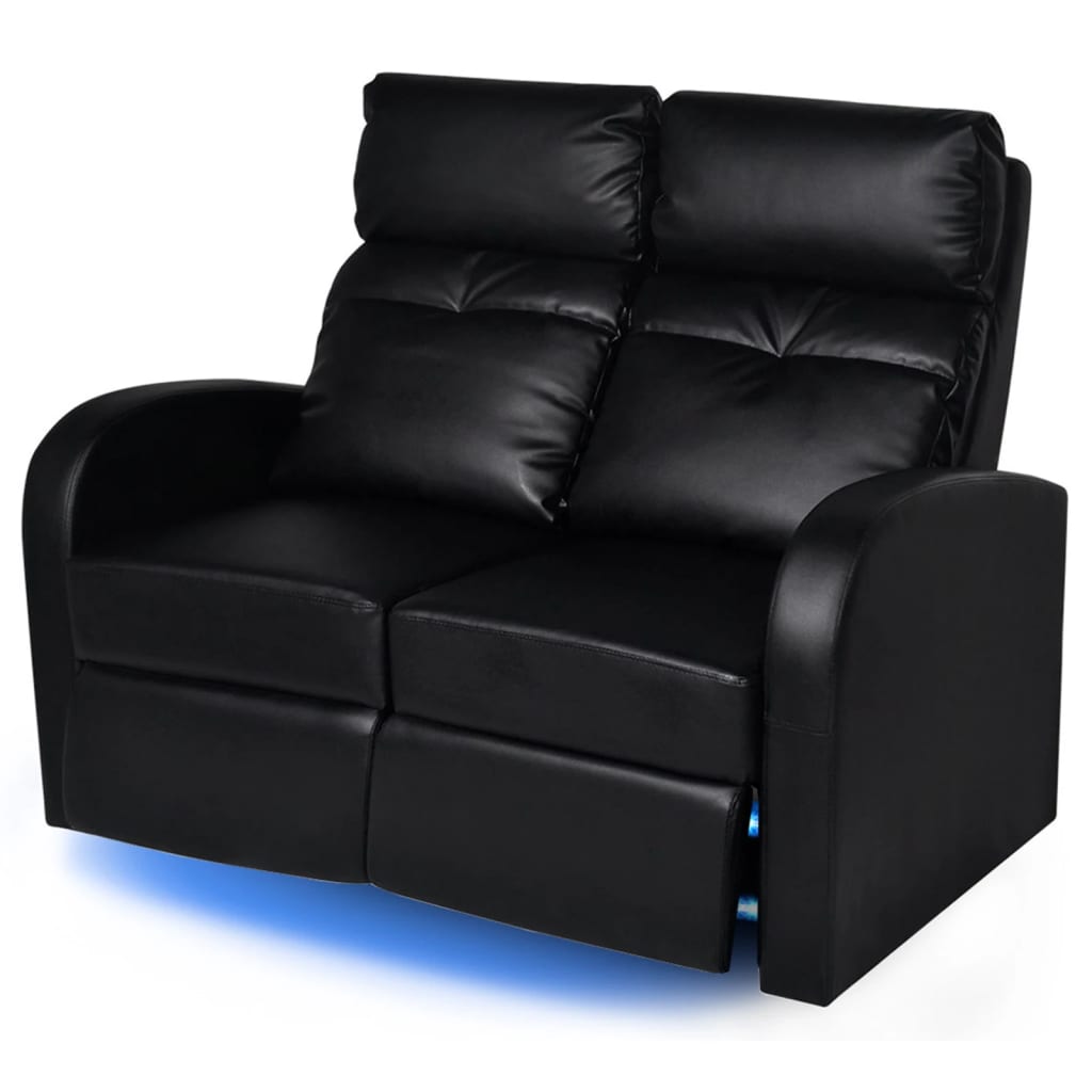 atgāžams atpūtas dīvāns ar LED, divvietīgs, melna mākslīgā āda