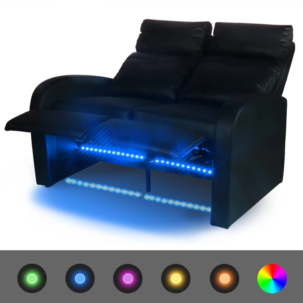 atgāžams atpūtas dīvāns ar LED, divvietīgs, melna mākslīgā āda