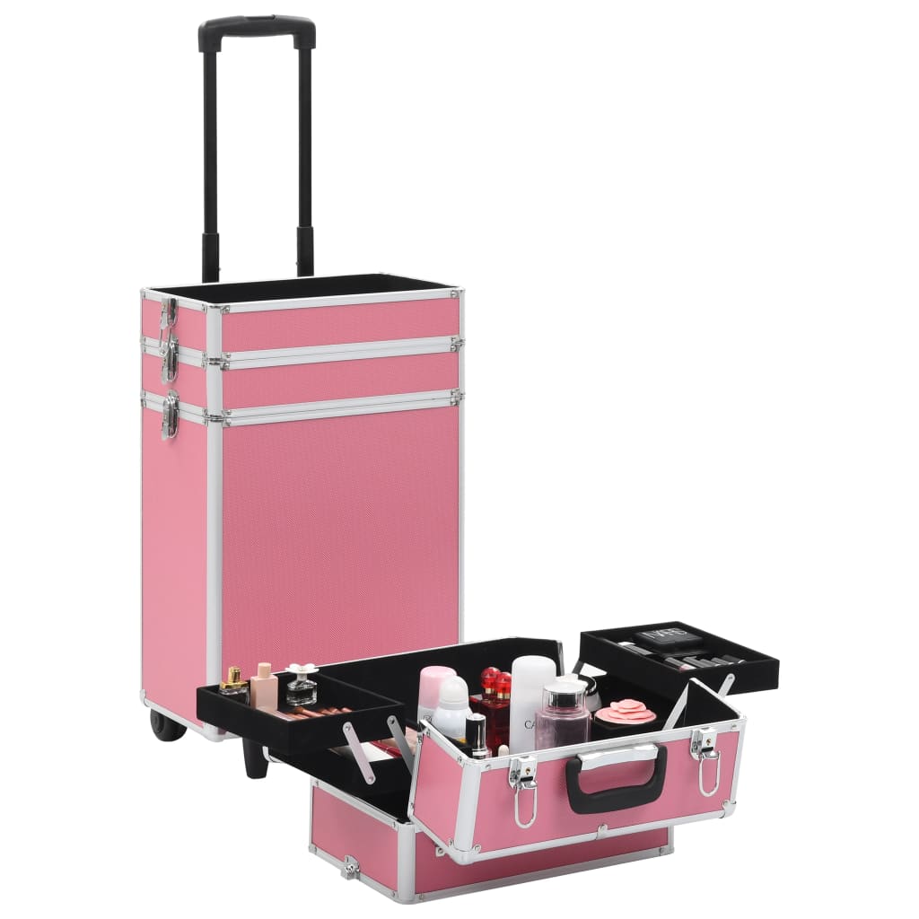 kosmētikas koferis uz riteņiem, alumīnijs, rozā