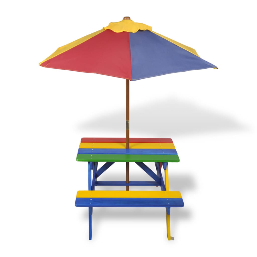 bērnu piknika galds ar soliem, saulessargu, daudzkrāsains, koks