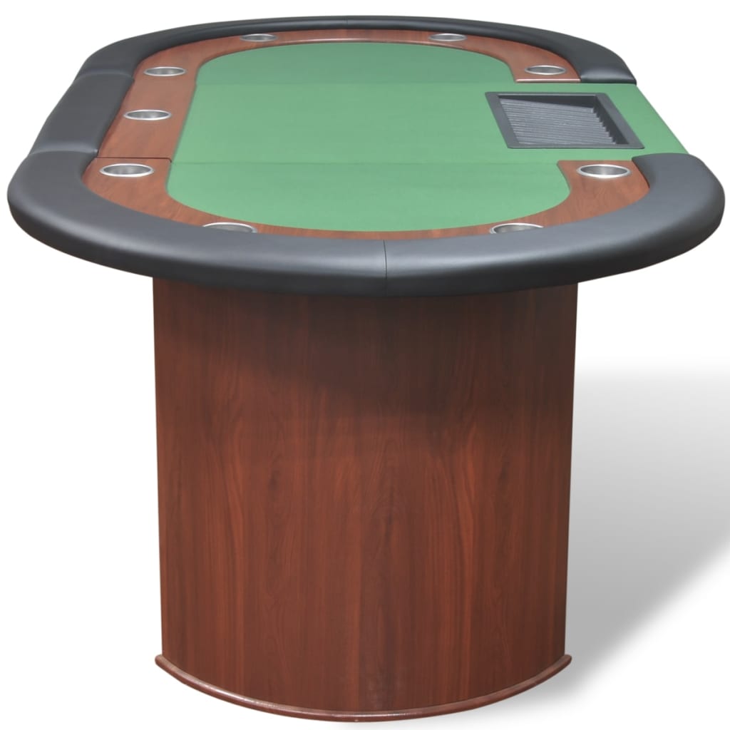 pokera galds 10 personām ar vietu dīlerim, žetonu paplāte, zaļš