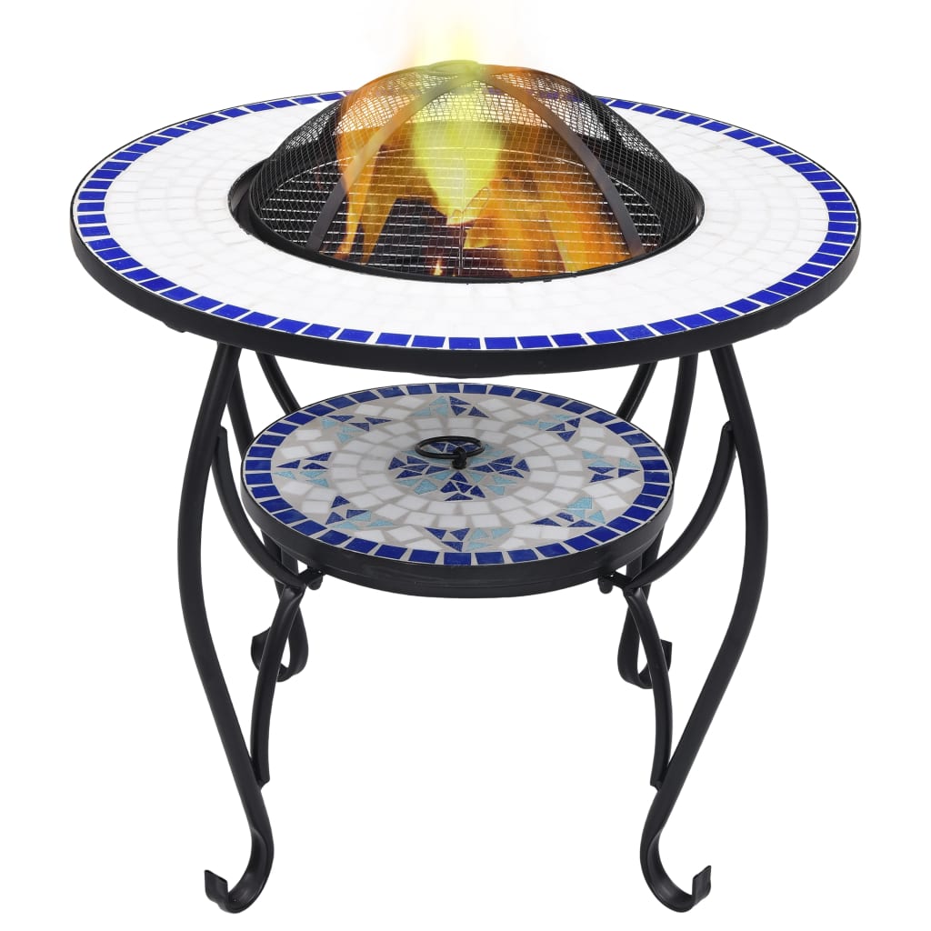 ugunskura vietas galds, mozaīka, 68 cm, zils ar baltu, keramika