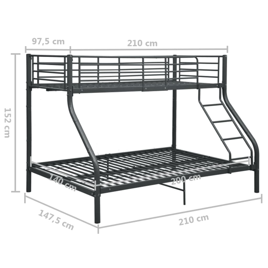 divstāvu gultas rāmis, melns, 140x200/90x200 cm, metāls