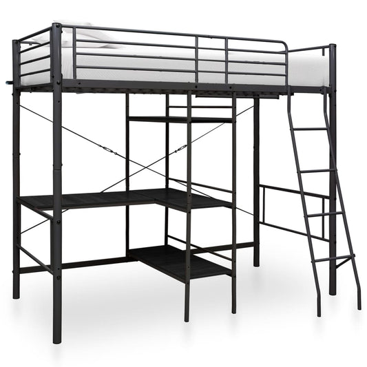 Divstāvu gulta ar galda rāmi, melns metāls, 90x200 cm