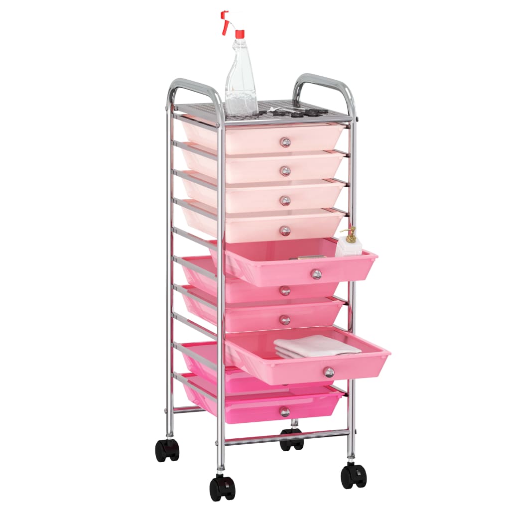 uzglabāšanas ratiņi, 10 atvilktnes, rozā ombre krāsu plastmasa
