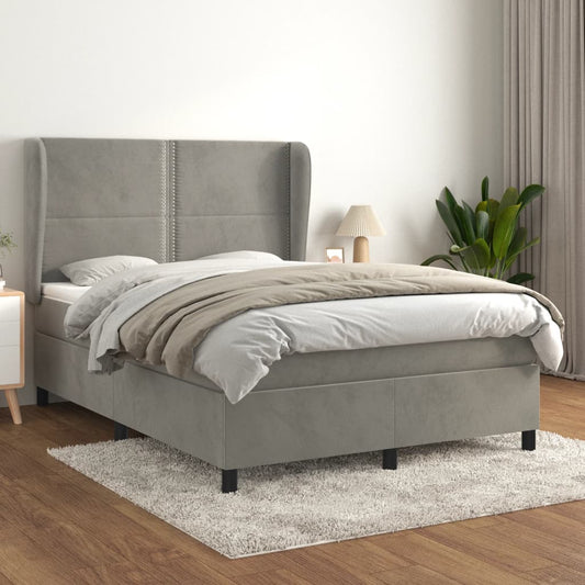 atsperu gulta ar matraci, gaiši pelēka samts, 140x190 cm