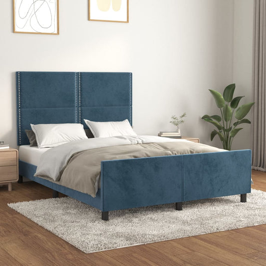 gultas rāmis ar galvgali, tumši zils samts, 140x190 cm