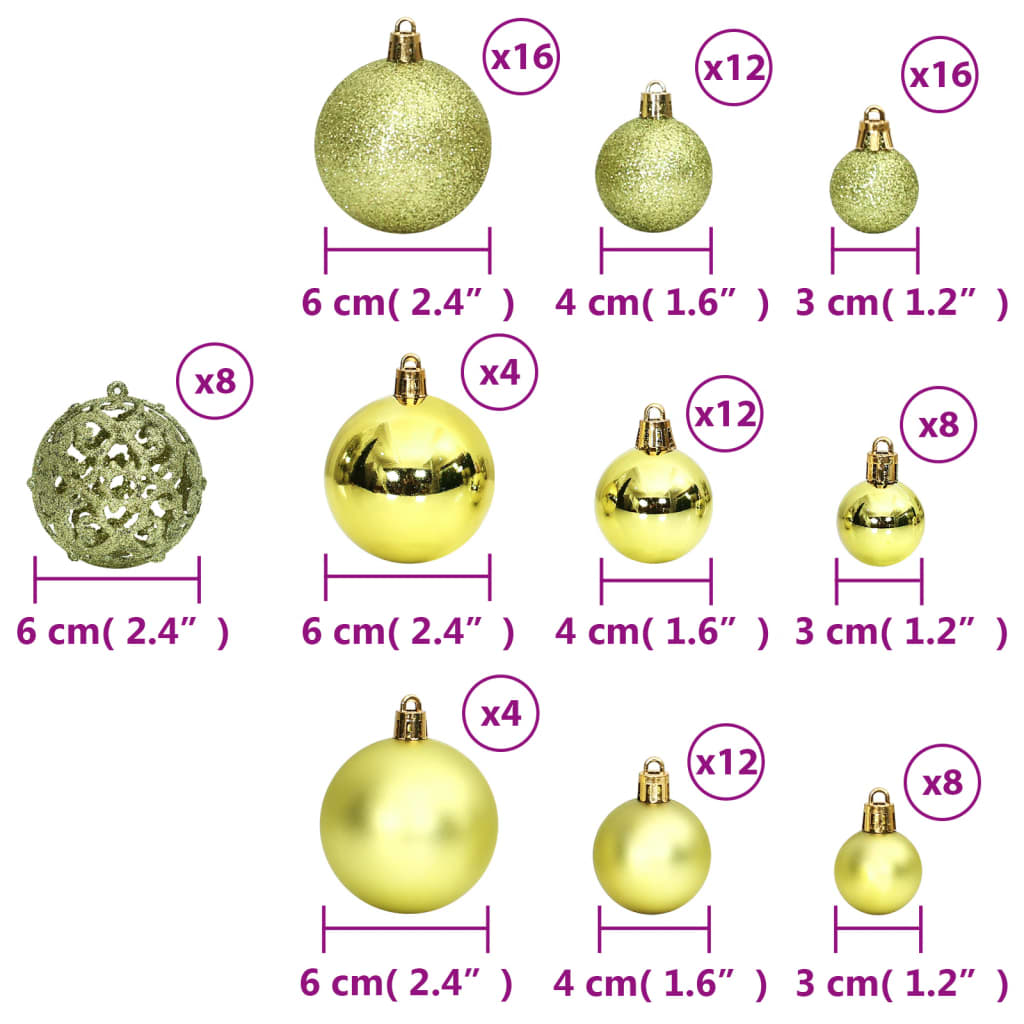 Ziemassvētku eglītes bumbiņas, 100 gab., gaiši zaļas, 3/4/6 cm