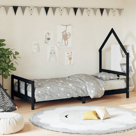 bērnu gultas rāmis, melns, 90x190 cm, priedes masīvkoks