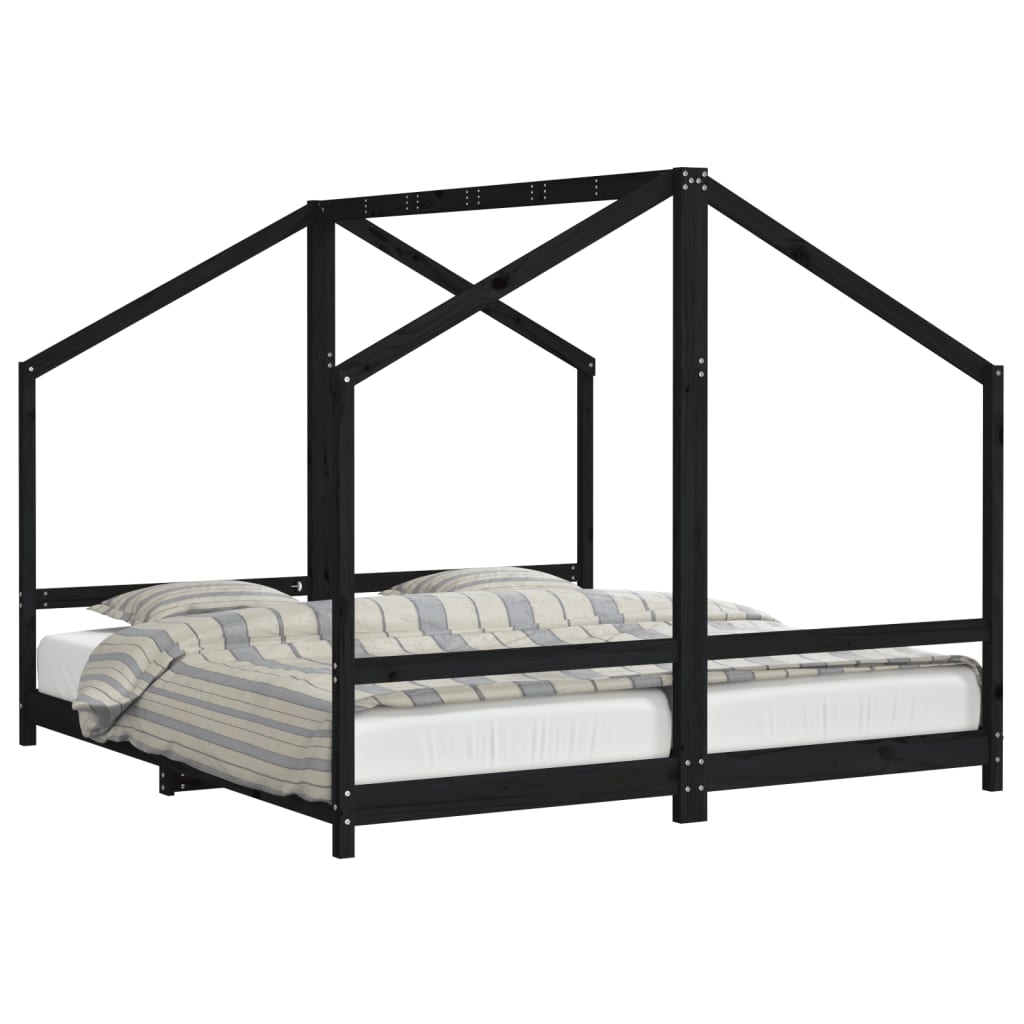 bērnu gultas rāmis, melns, 2x(90x200) cm, priedes masīvkoks