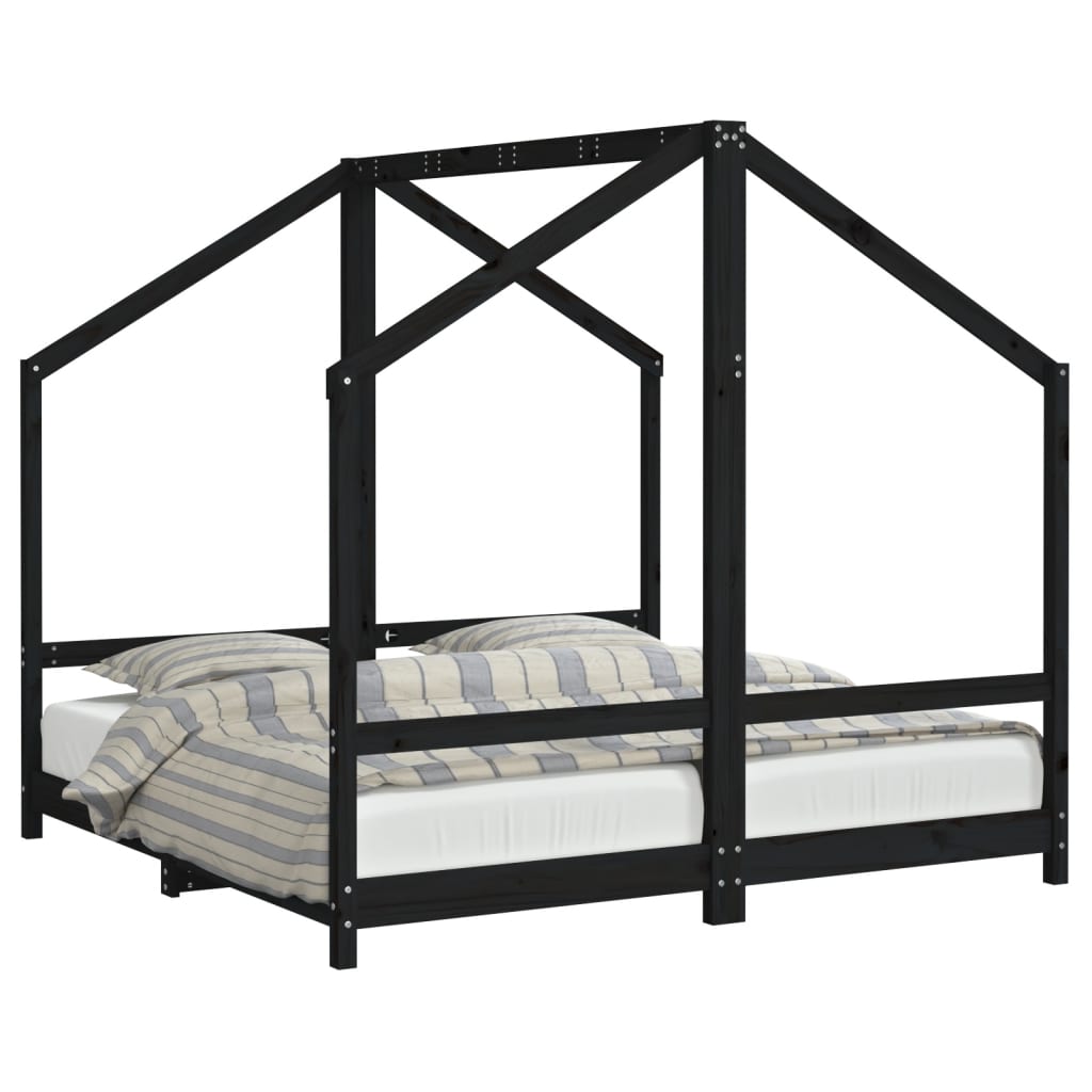 bērnu gultas rāmis, melns, 2x(80x160) cm, priedes masīvkoks