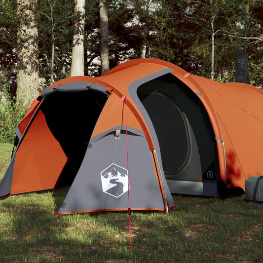 kempinga telts 4 personām, pelēka, oranža, 360x135x105 cm, 185T