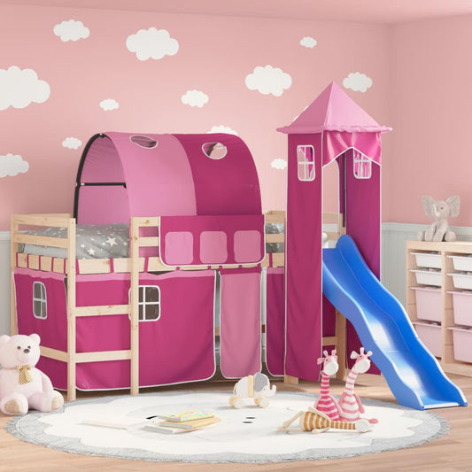 bērnu augstā gulta ar torni, rozā, 90x200 cm, priedes masīvkoks