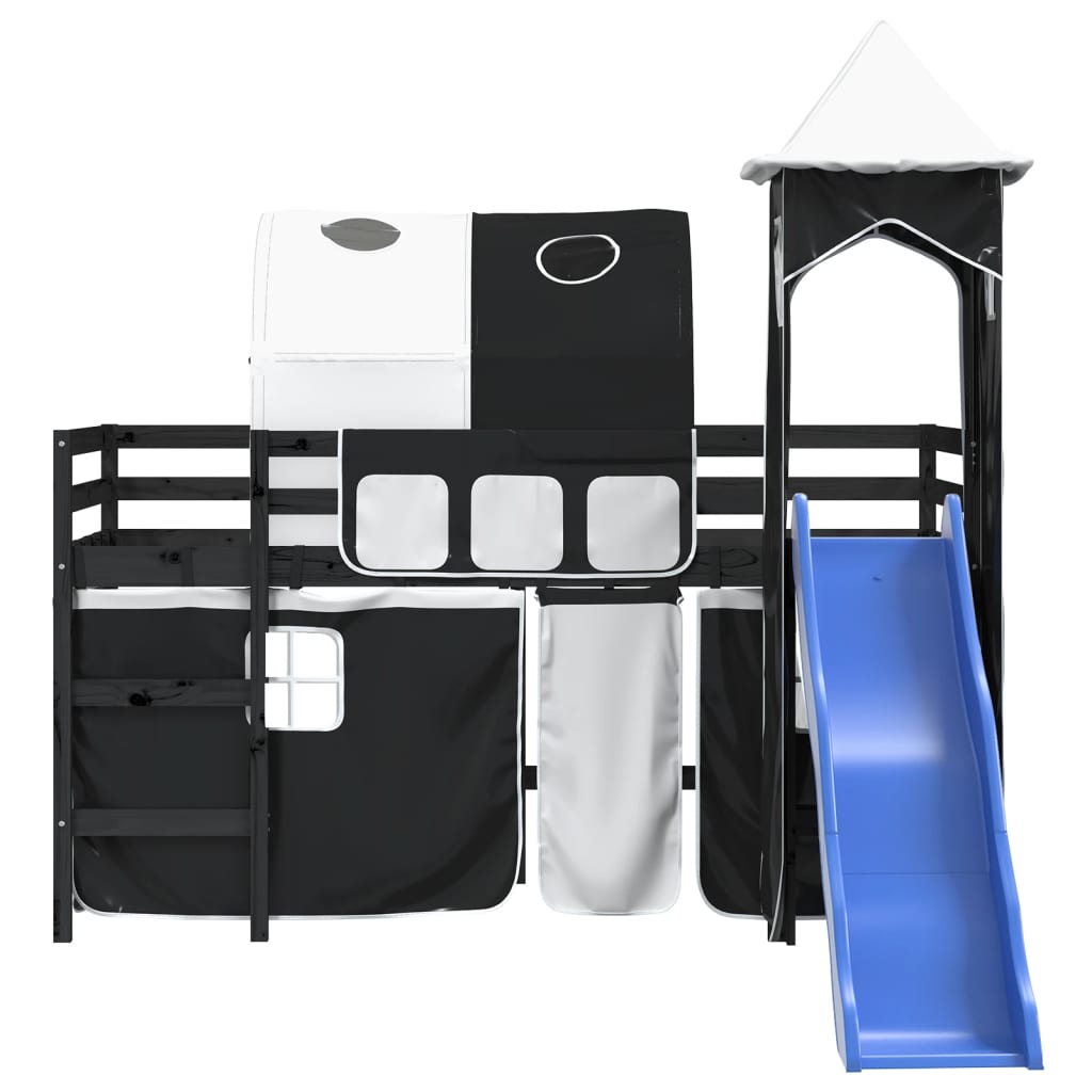 bērnu augstā gulta ar torni, melni balta, 90x200 cm, priede