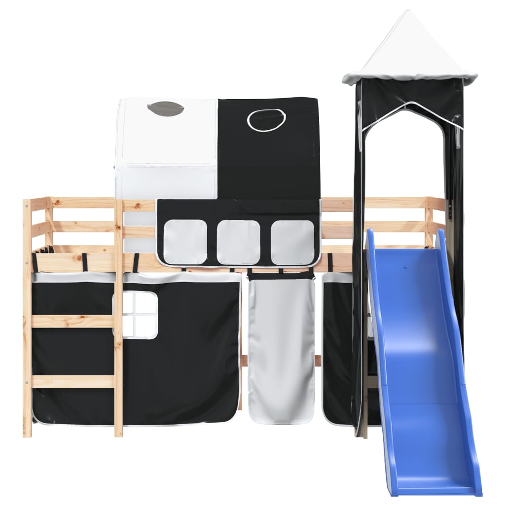 bērnu augstā gulta ar torni, melni balta, 90x190 cm, priede