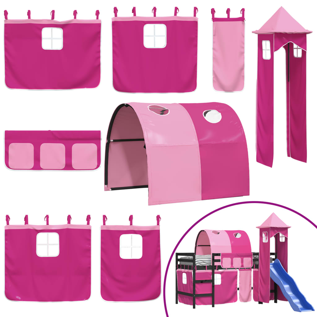 bērnu augstā gulta ar torni, rozā, 90x190 cm, priedes masīvkoks