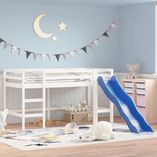 bērnu gulta ar slidkalniņu, balts, 90x190 cm, priedes masīvkoks