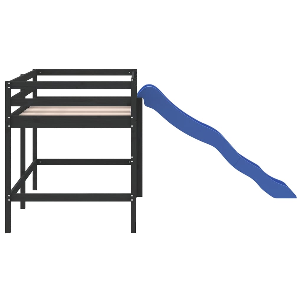 bērnu gulta ar slidkalniņu, melna, 90x190 cm, priedes masīvkoks