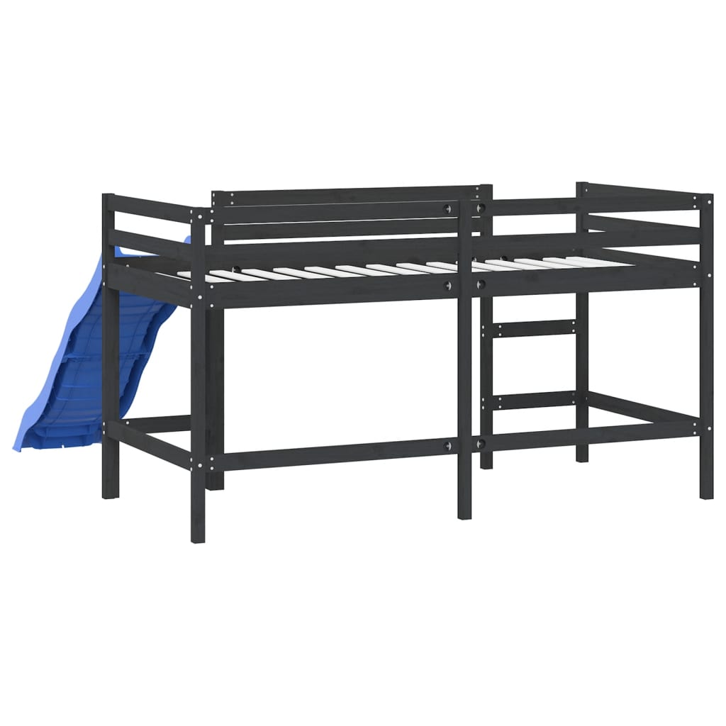 bērnu gulta ar slidkalniņu, melna, 90x190 cm, priedes masīvkoks