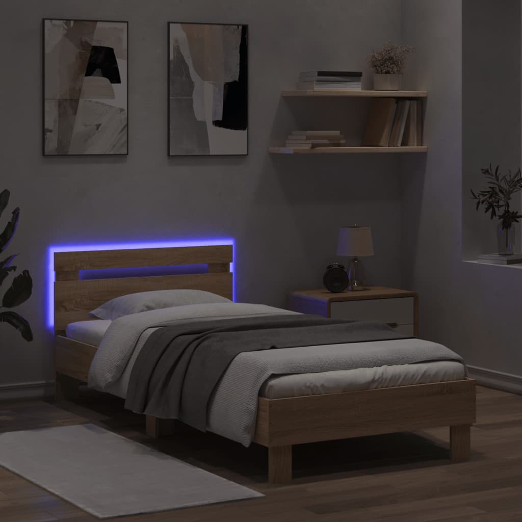 gultas rāmis ar galvgali un LED, koka krāsa, 90x200 cm