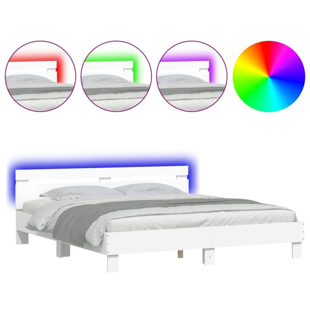 gultas rāmis ar galvgali un LED, balts, 200x200 cm