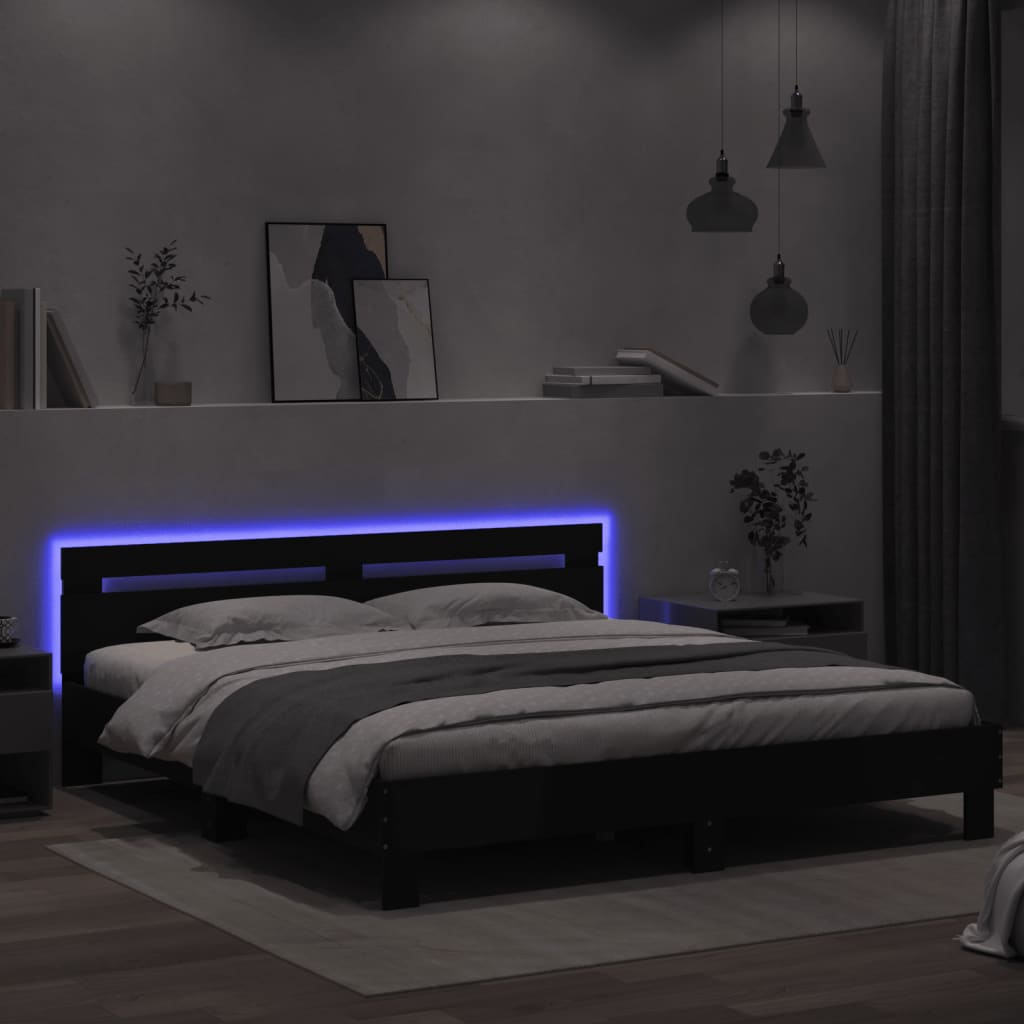 gultas rāmis ar galvgali un LED, melns, 200x200 cm