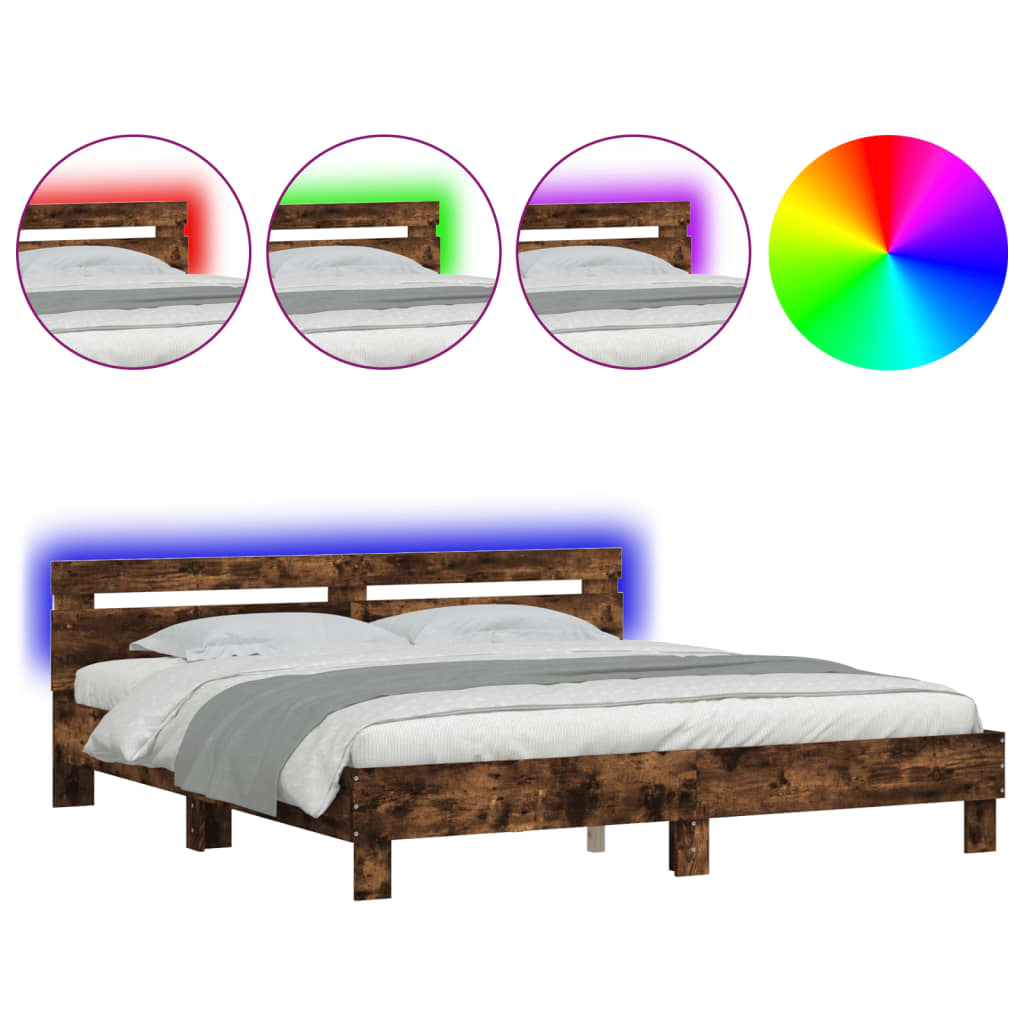 gultas rāmis ar galvgali un LED, koka krāsa, 200x200 cm