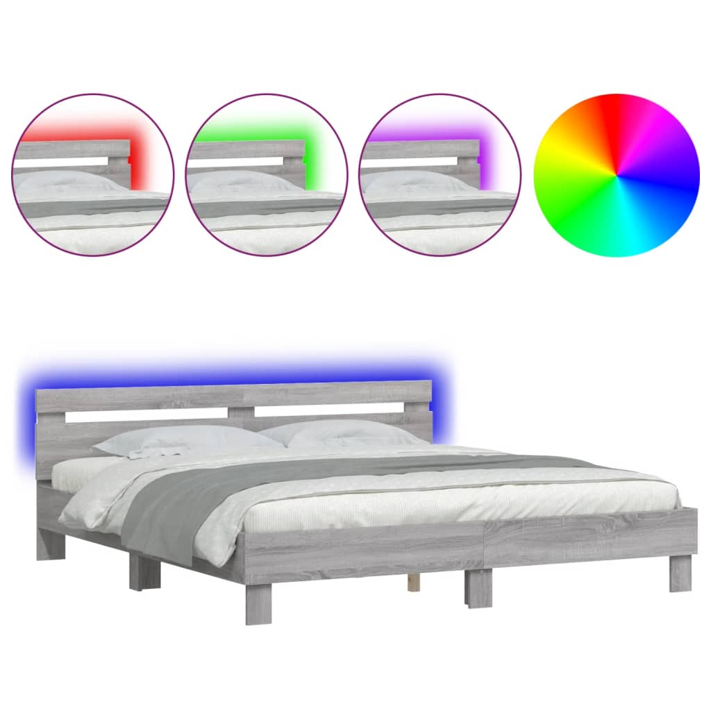 gultas rāmis ar galvgali un LED, pelēka ozola krāsa, 200x200 cm