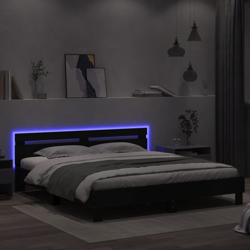 gultas rāmis ar galvgali un LED, melns, 180x200 cm