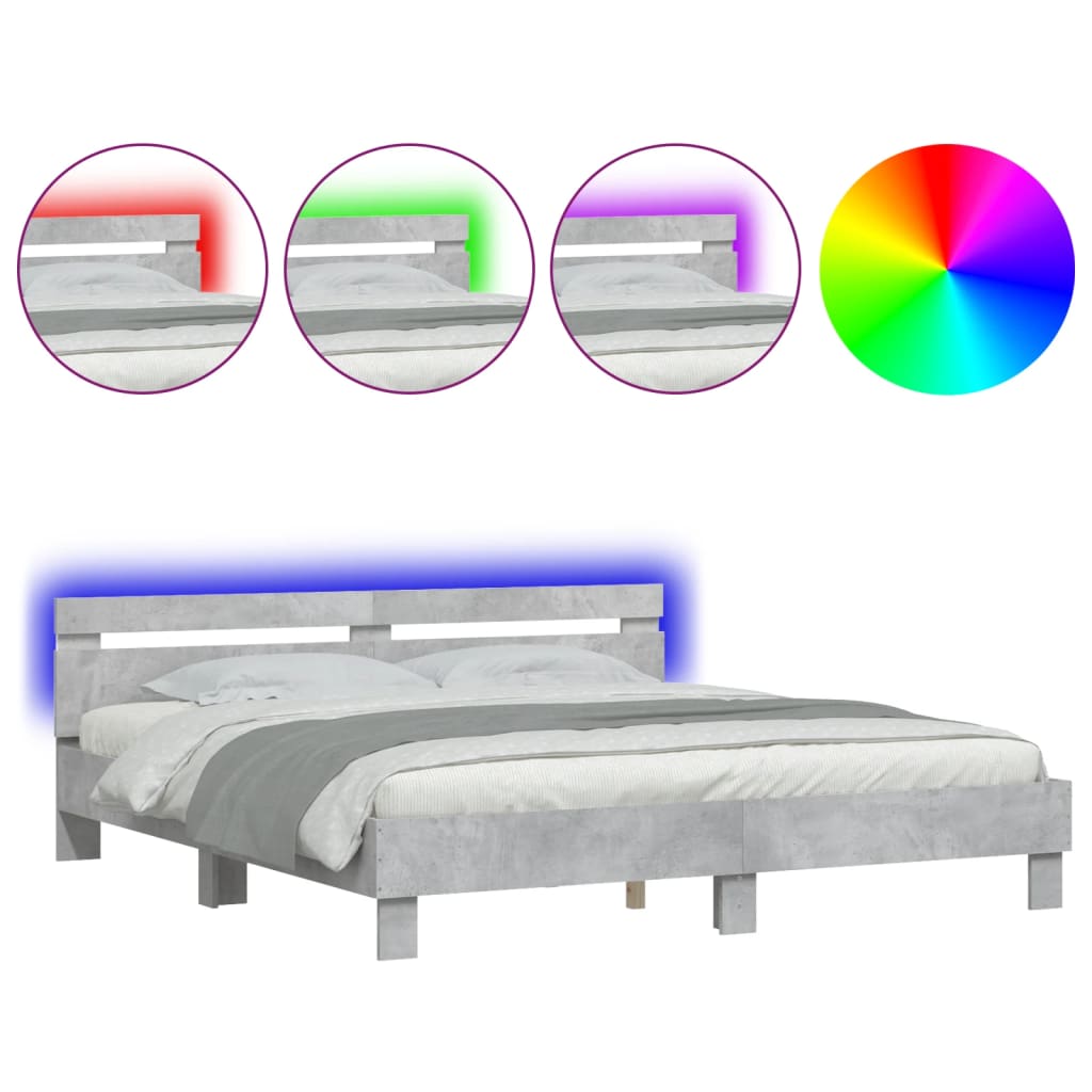 gultas rāmis ar galvgali un LED, betona pelēks, 180x200 cm
