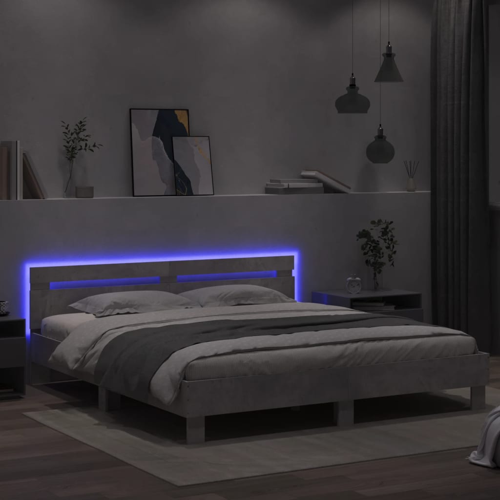 gultas rāmis ar galvgali un LED, betona pelēks, 180x200 cm