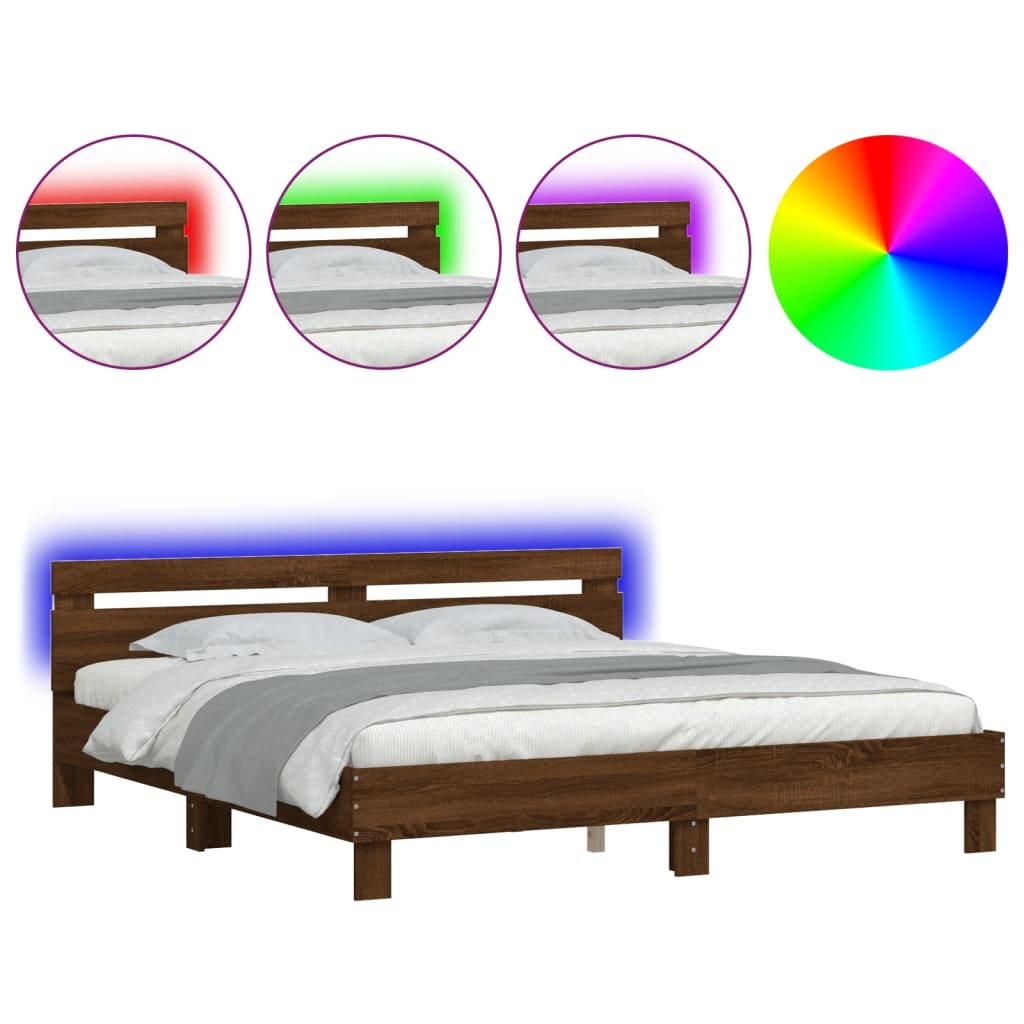 gultas rāmis ar galvgali un LED, brūna ozola, 180x200 cm