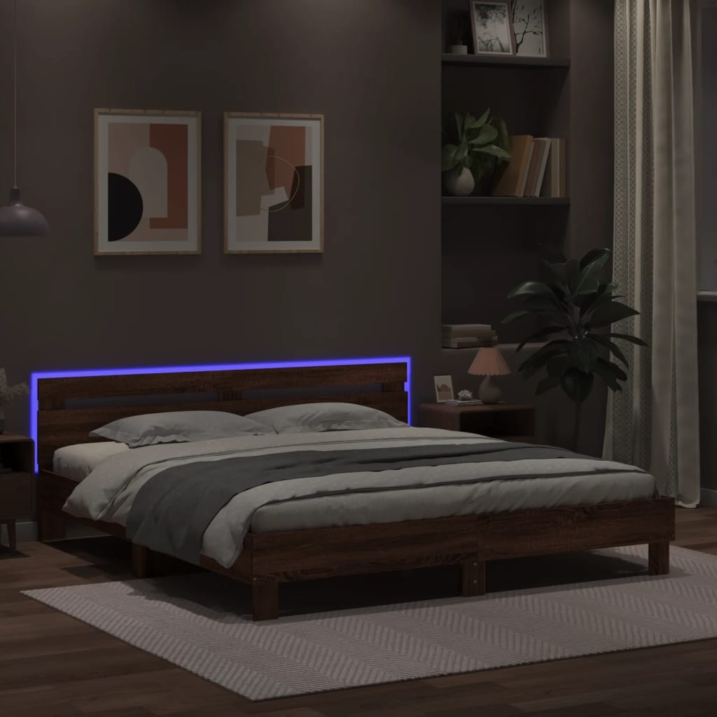 gultas rāmis ar galvgali un LED, brūna ozola, 180x200 cm