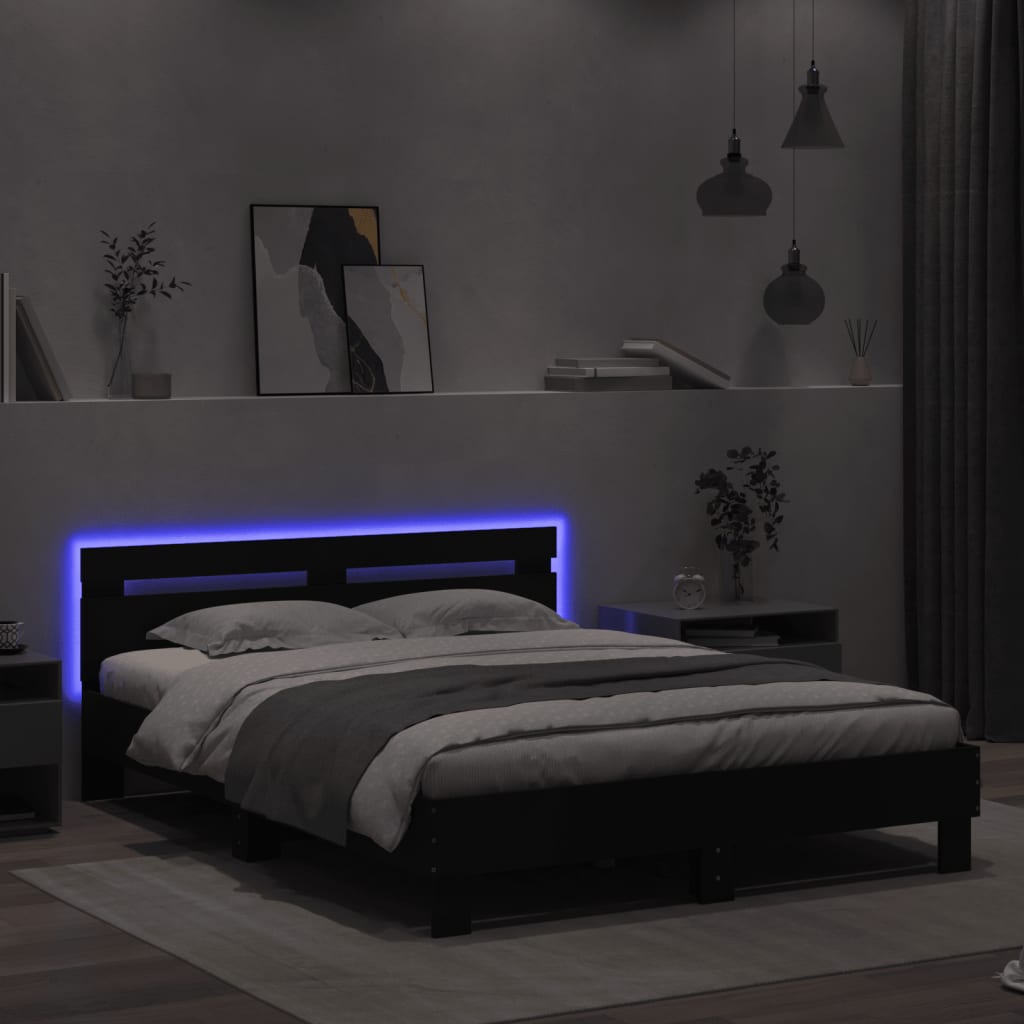 gultas rāmis ar galvgali un LED, melns, 150x200 cm
