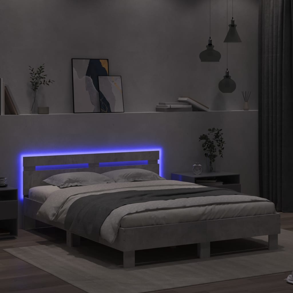 gultas rāmis ar galvgali un LED, betona pelēks, 150x200 cm