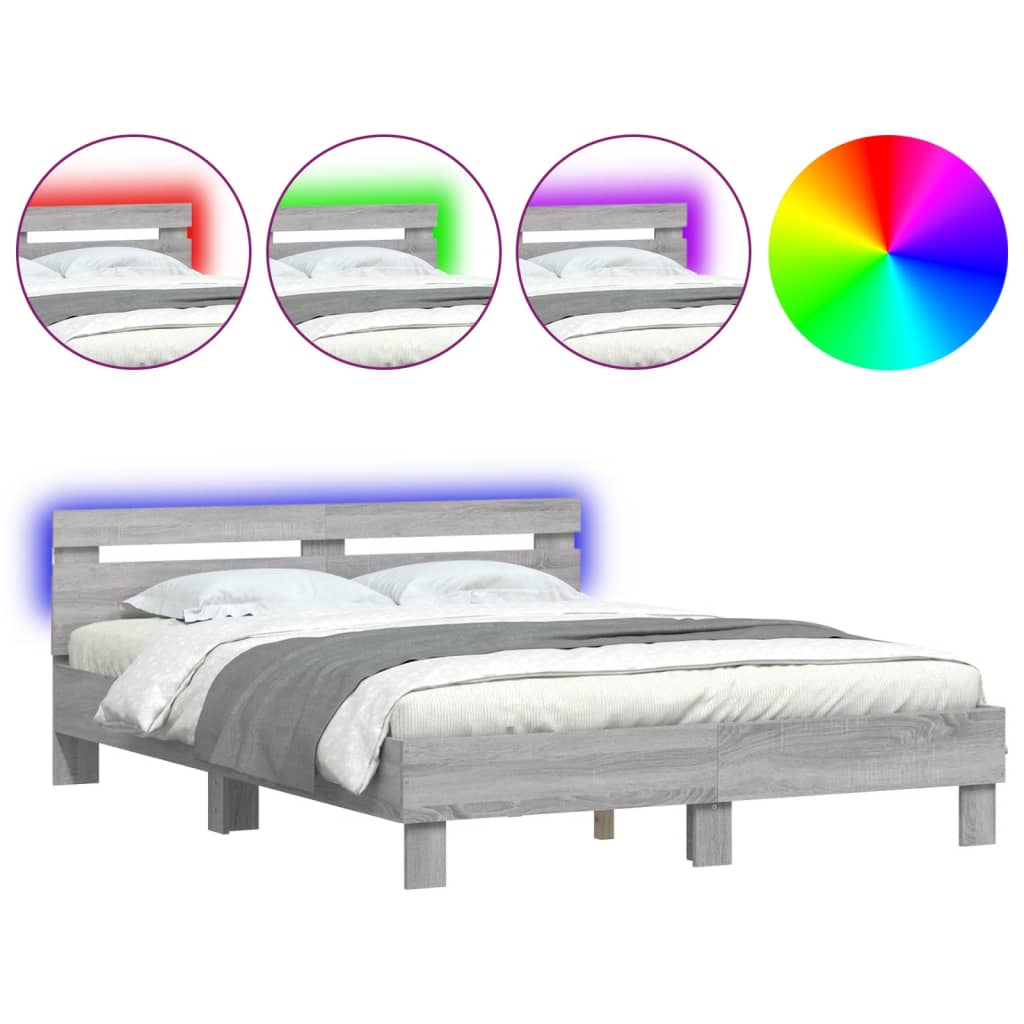 gultas rāmis ar galvgali un LED, pelēka ozola krāsa, 150x200 cm