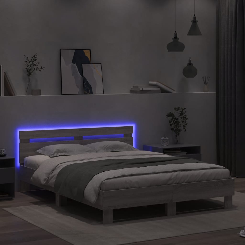 gultas rāmis ar galvgali un LED, pelēka ozola krāsa, 150x200 cm