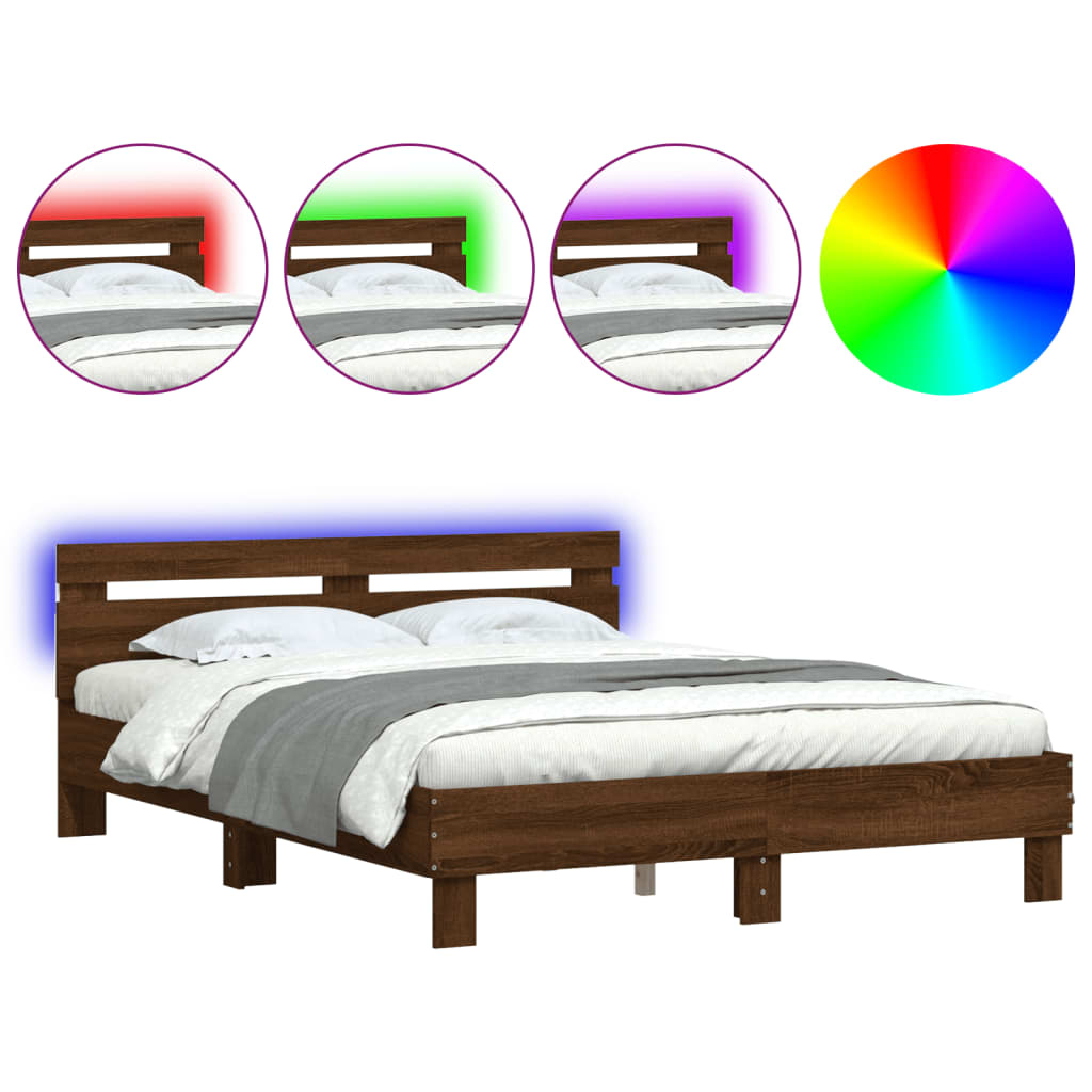 gultas rāmis ar galvgali un LED, brūna ozola, 150x200 cm
