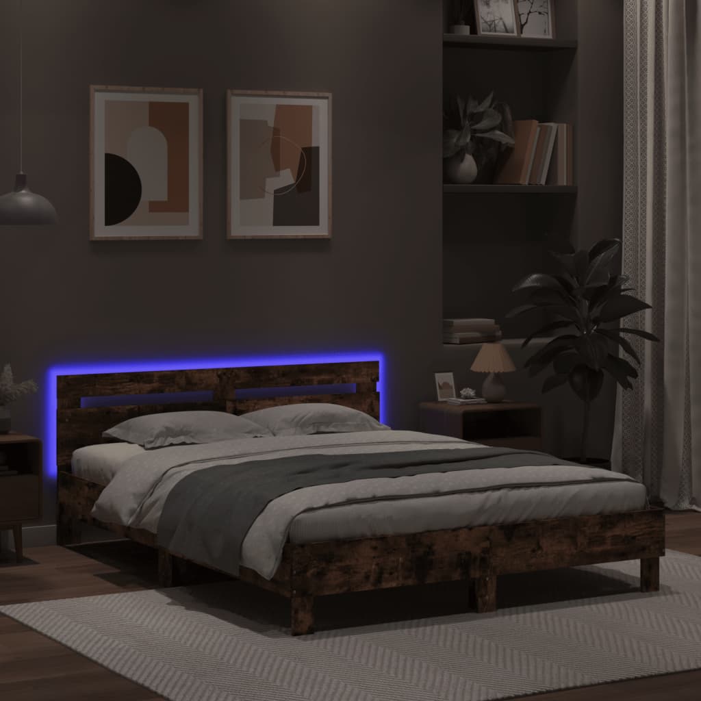 gultas rāmis ar galvgali un LED, brūna ozola, 150x200 cm