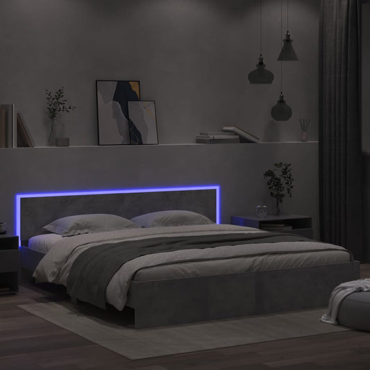 gultas rāmis ar galvgali un LED, betona pelēks, 200x200 cm